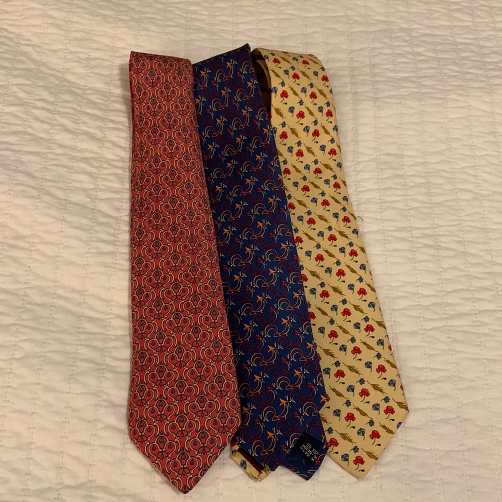 Lot of 3 designer ties, 2 ferragamo and one Hermes